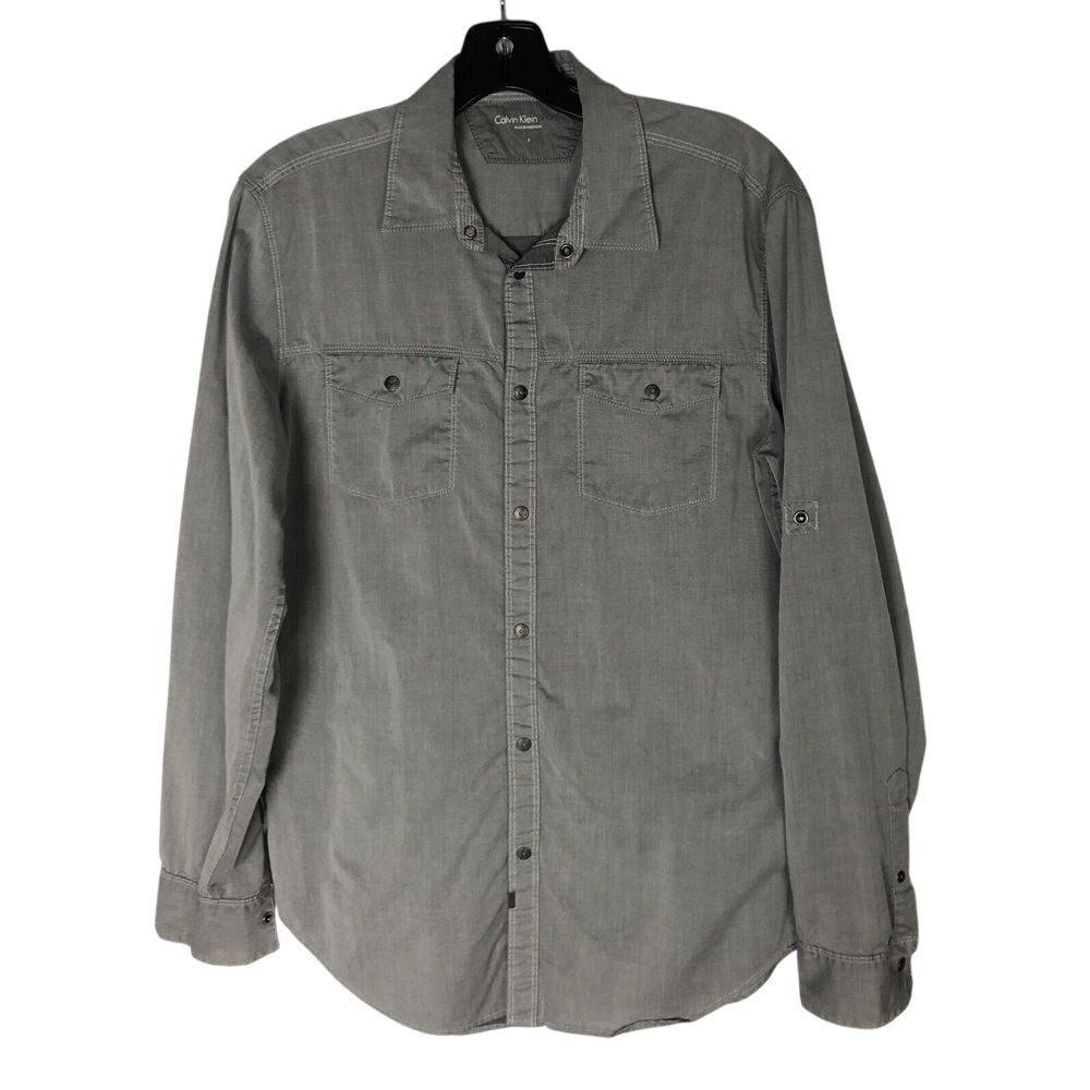 Calvin‎ Klein Jeans Men's Gray Roll Tab Long Sleeve Button Front Shirt Size S